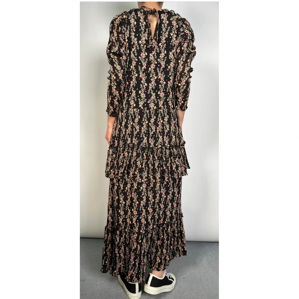 ZARA Black Floral Print Tiered Maxi Dress Puff Sleeve Ruffle High Neck - Picture 1 of 10